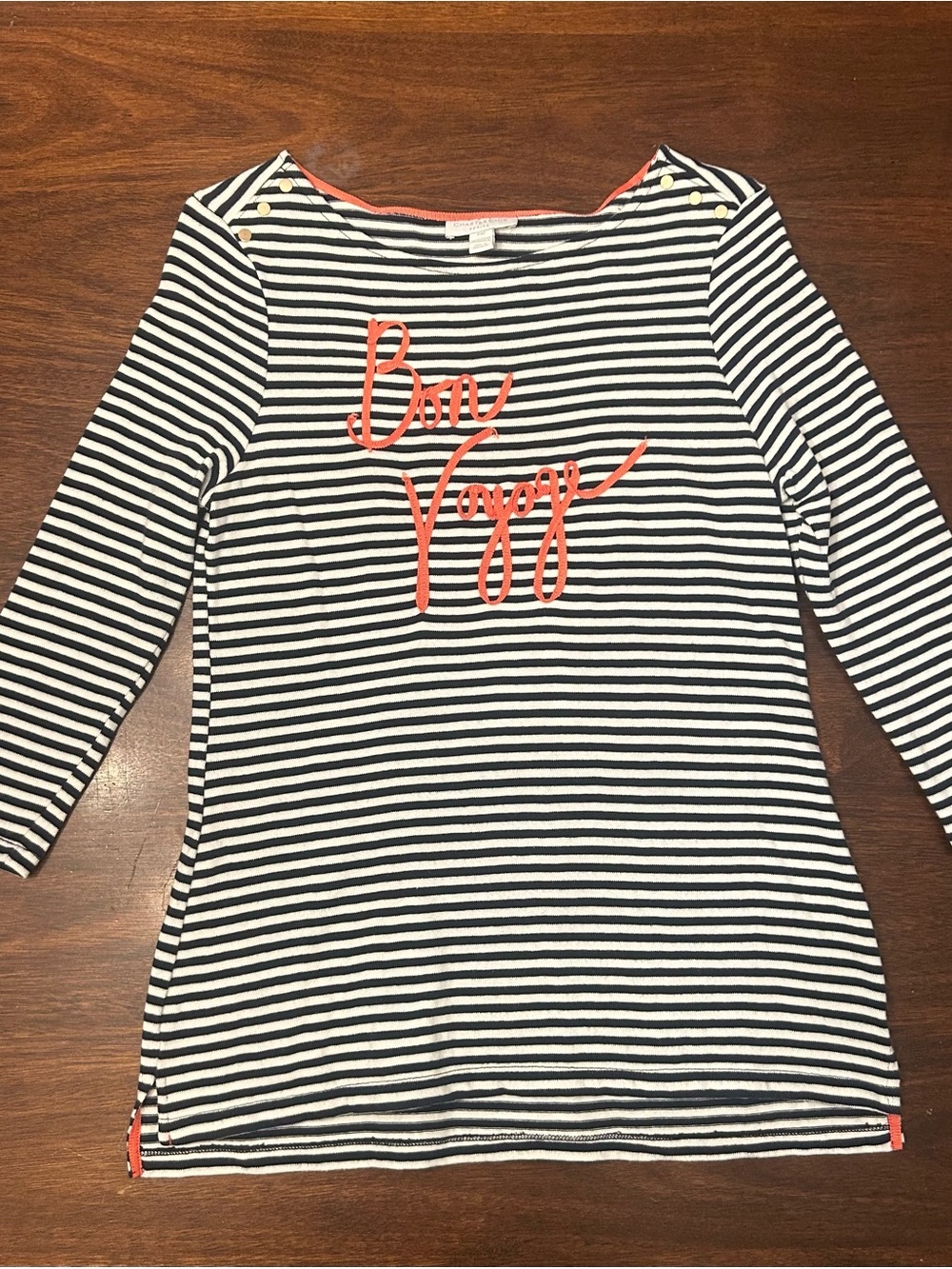 Charter Club Navy & White Striped Long Sleeve Top with Coral Script